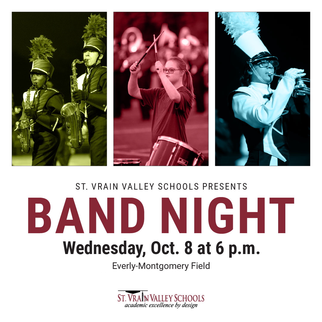 Image promoting Band Night at Everly-Montgomery Field on Oct. 8, featuring band members playing instruments.